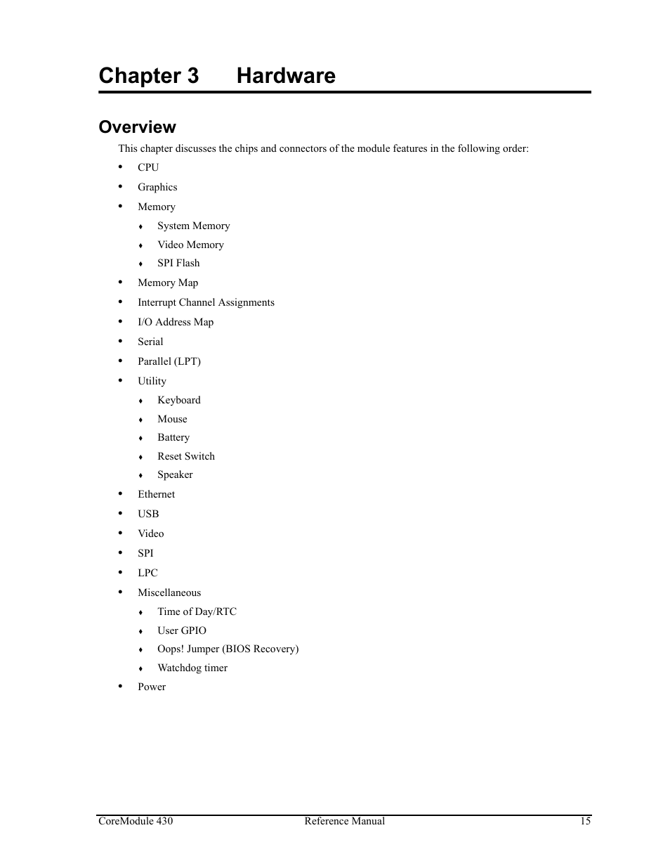 Chapter 3, Hardware, Overview | Chapter 3 hardware | ADLINK CoreModule 430 User Manual | Page 21 / 56