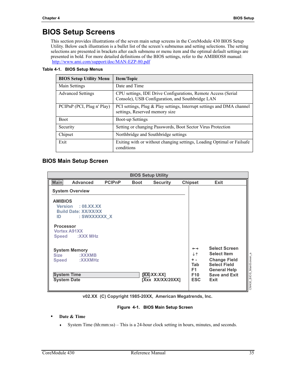 Bios setup screens, Bios main setup screen, Figure 4-1 | Table 4-1, Bios setup menus | ADLINK CoreModule 430 User Manual | Page 41 / 56