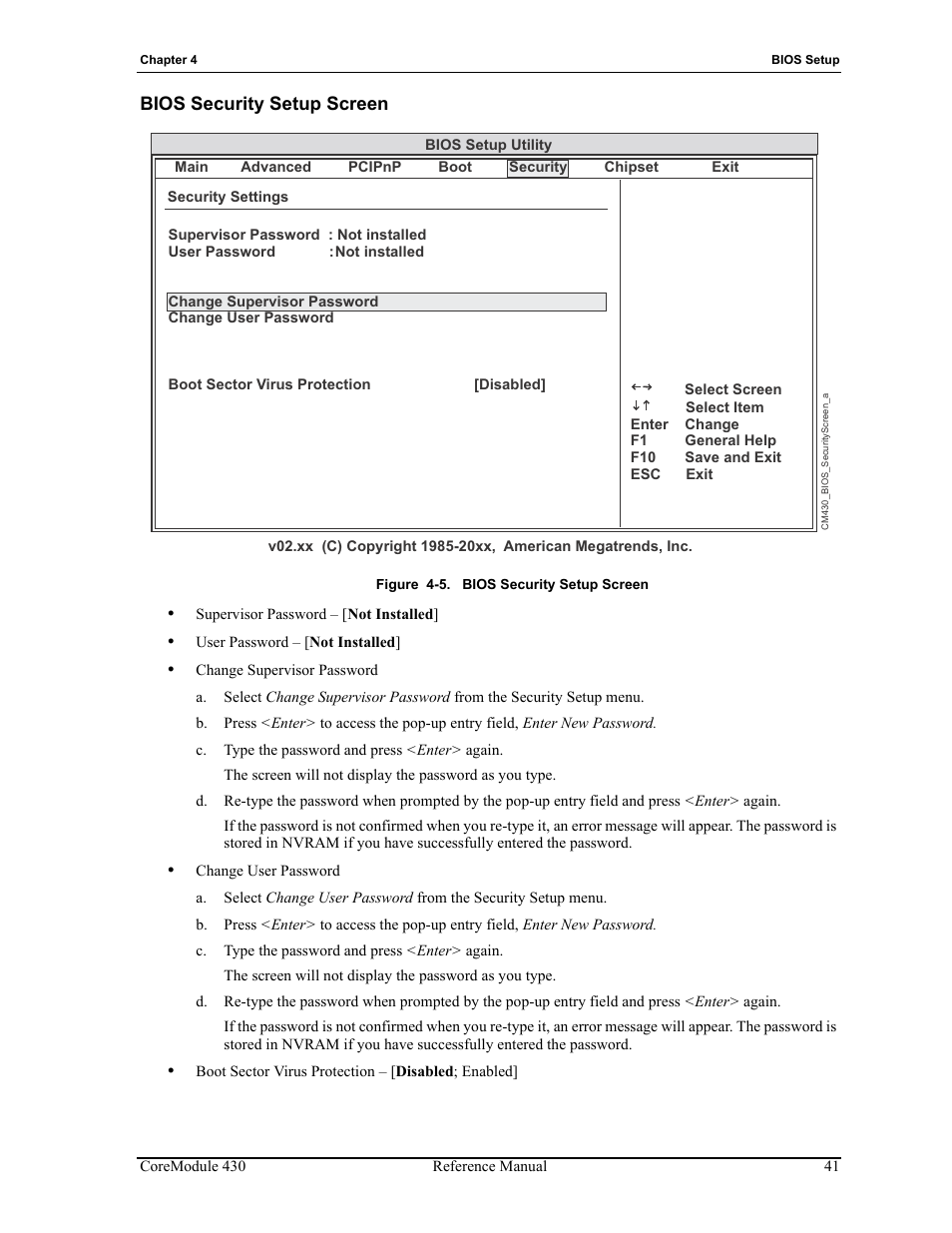 Bios security setup screen, Figure 4-5 | ADLINK CoreModule 430 User Manual | Page 47 / 56