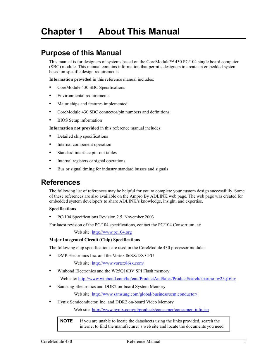 Chapter 1, About this manual, Purpose of this manual references | Chapter 1 about this manual, Purpose of this manual, References | ADLINK CoreModule 430 User Manual | Page 7 / 56