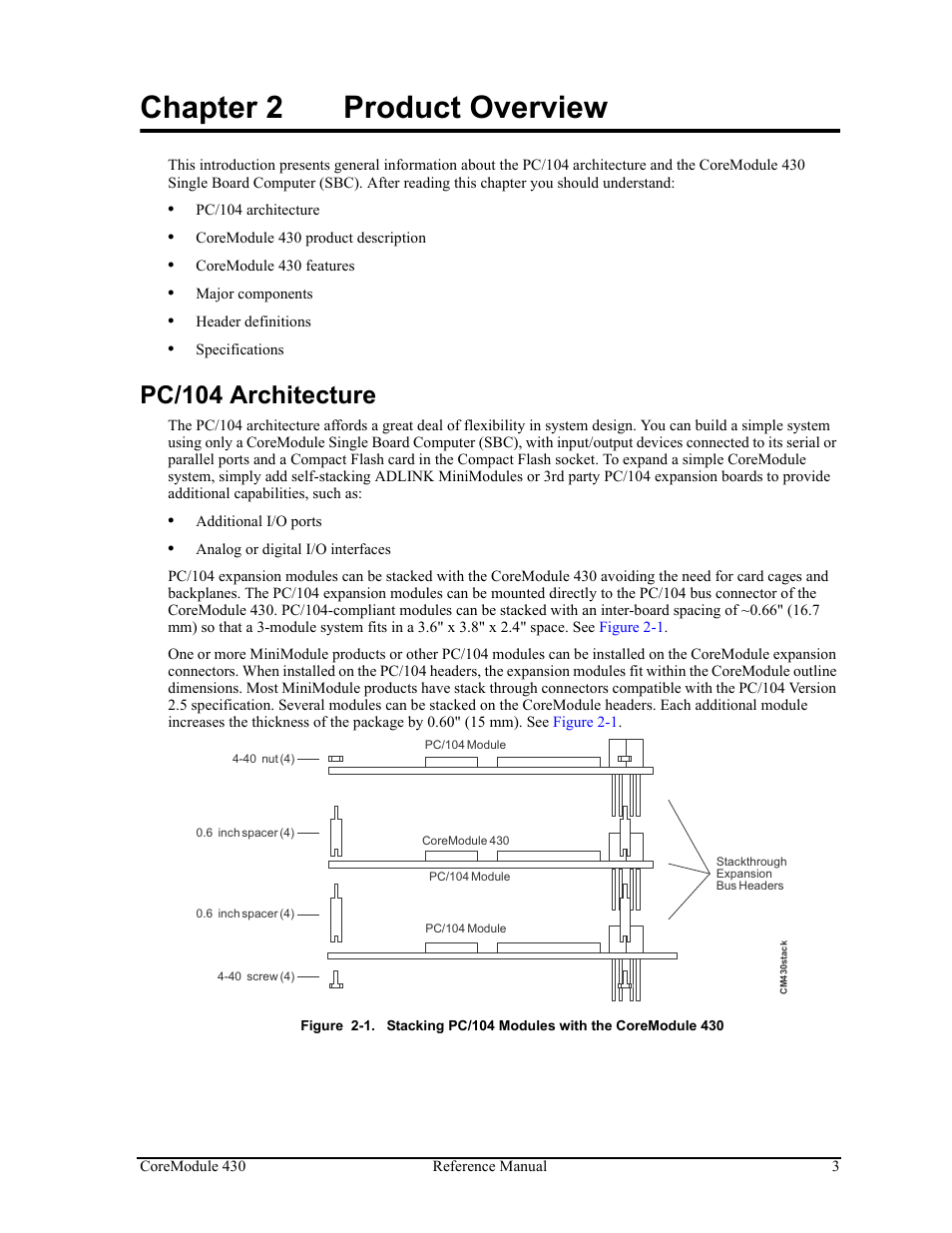 Chapter 2, Product overview, Pc/104 architecture | Figure 2-1, Stacking pc/104 modules with the coremodule 430, Chapter 2 product overview | ADLINK CoreModule 430 User Manual | Page 9 / 56