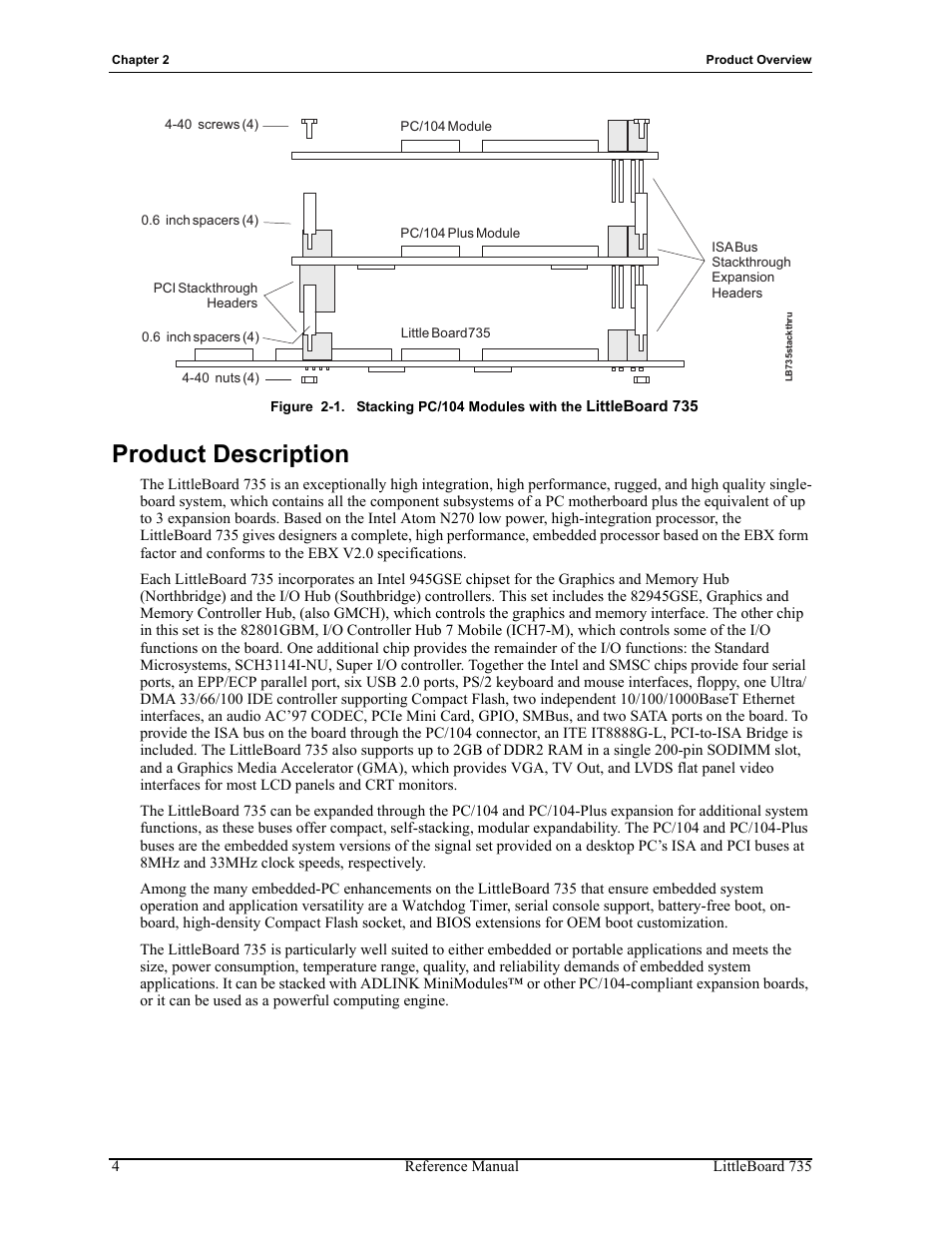 Product description, Figure 2-1, Stacking pc/104 modules with the li | ADLINK LittleBoard 735 User Manual | Page 10 / 72