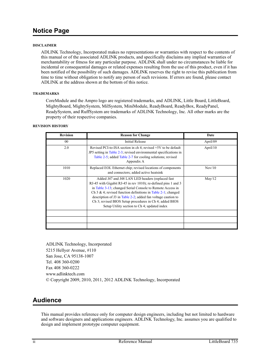 Notice page, Audience | ADLINK LittleBoard 735 User Manual | Page 2 / 72