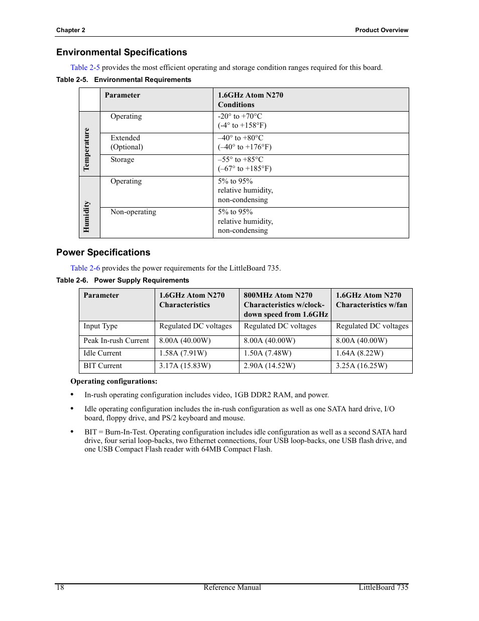 Table 2-5, Added, Environmental specifications power specifications | Environmental requirements, Table 2-6, Power supply requirements | ADLINK LittleBoard 735 User Manual | Page 24 / 72
