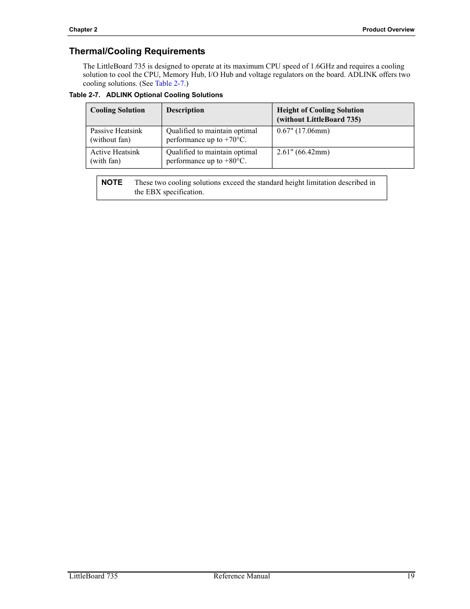 Table 2-7, Thermal/cooling requirements, Adlink optional cooling solutions | ADLINK LittleBoard 735 User Manual | Page 25 / 72