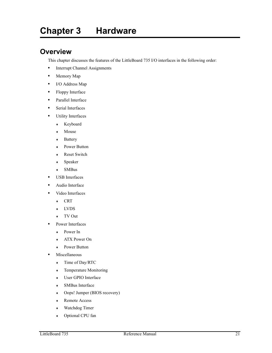Chapter 3, Hardware, Overview | Chapter 3 hardware | ADLINK LittleBoard 735 User Manual | Page 27 / 72