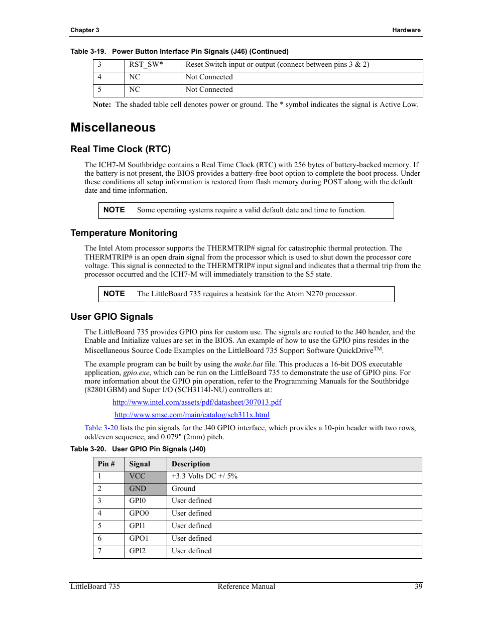 Miscellaneous, Table 3-20, User gpio pin signals (j40) | ADLINK LittleBoard 735 User Manual | Page 45 / 72