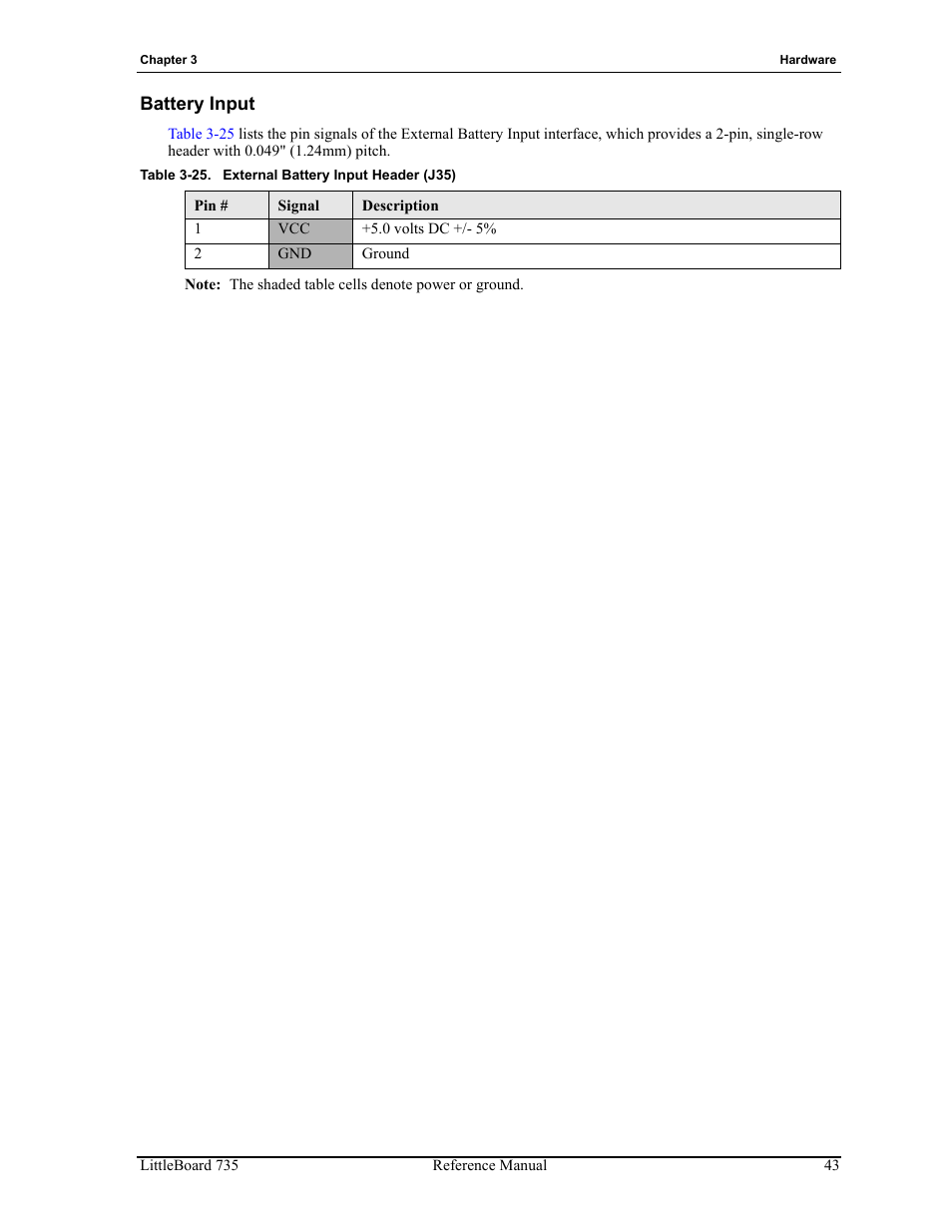 Battery input, Table 3-25, External battery input header (j35) | ADLINK LittleBoard 735 User Manual | Page 49 / 72