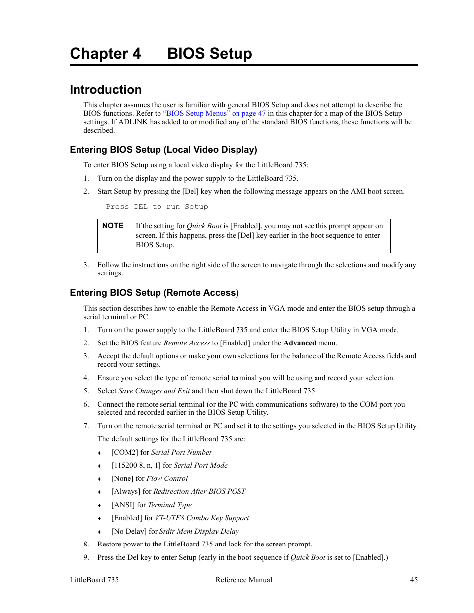 Chapter 4, Bios setup, Introduction | Chapter 4 bios setup | ADLINK LittleBoard 735 User Manual | Page 51 / 72