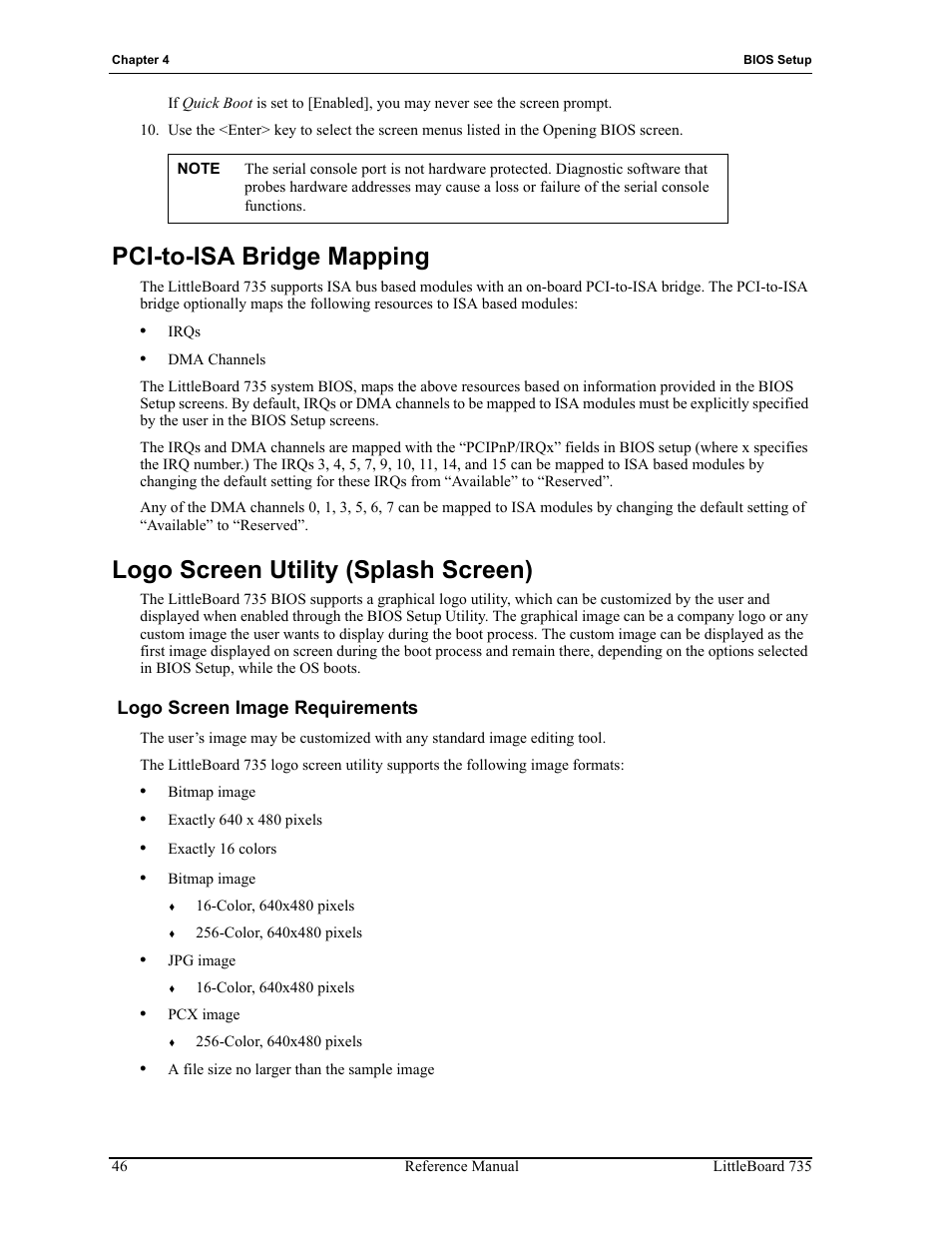 Logo screen image requirements, Pci-to-isa bridge mapping, Logo screen utility (splash screen) | ADLINK LittleBoard 735 User Manual | Page 52 / 72