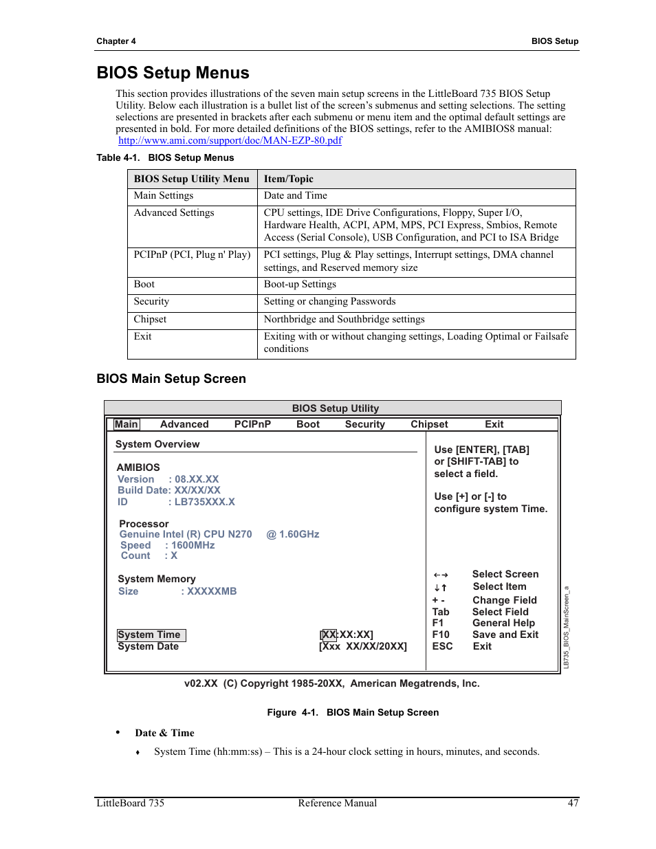 Bios setup menus, Bios main setup screen, Figure 4-1 | Table 4-1 | ADLINK LittleBoard 735 User Manual | Page 53 / 72