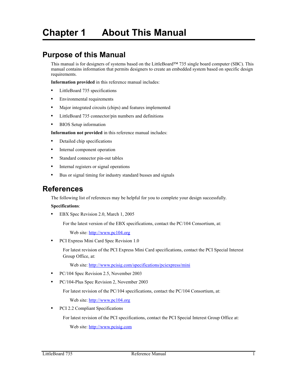 Chapter 1, About this manual, Purpose of this manual references | Chapter 1 about this manual, Purpose of this manual, References | ADLINK LittleBoard 735 User Manual | Page 7 / 72