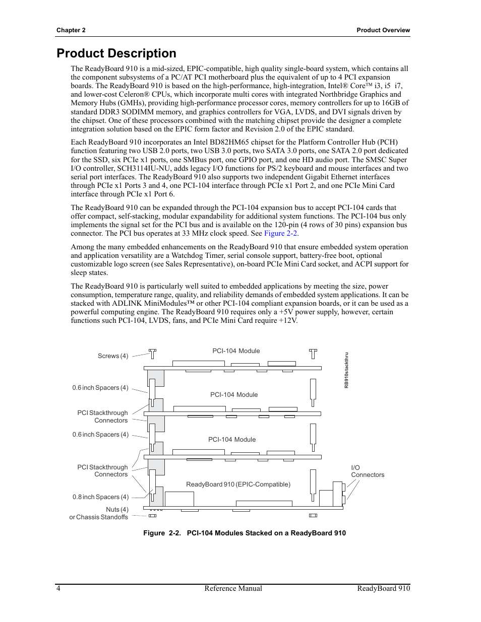Product description, Figure 2-2, Pci-104 modules stacked on a readyboard 910 | ADLINK ReadyBoard 910 User Manual | Page 10 / 68