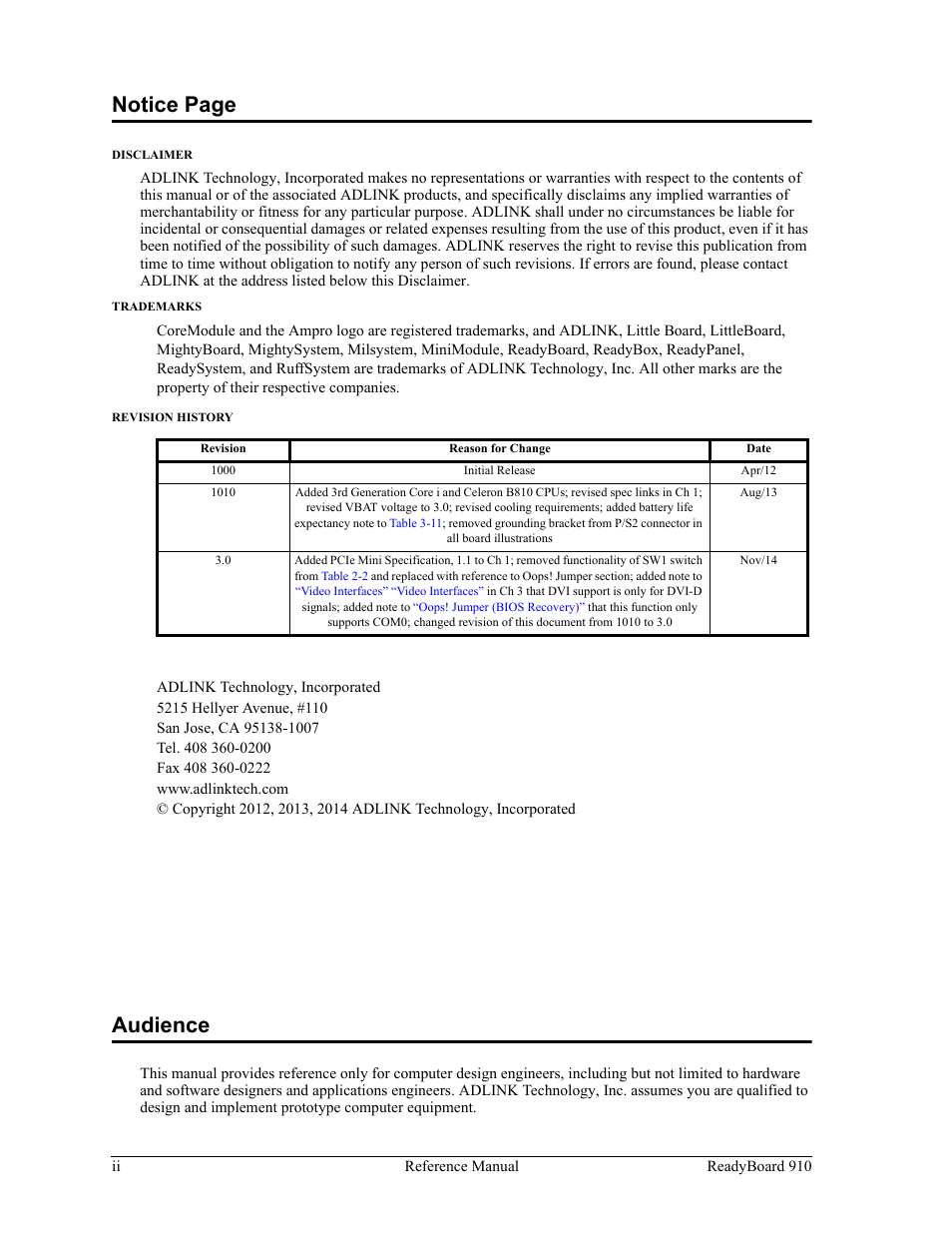 Notice page, Audience | ADLINK ReadyBoard 910 User Manual | Page 2 / 68