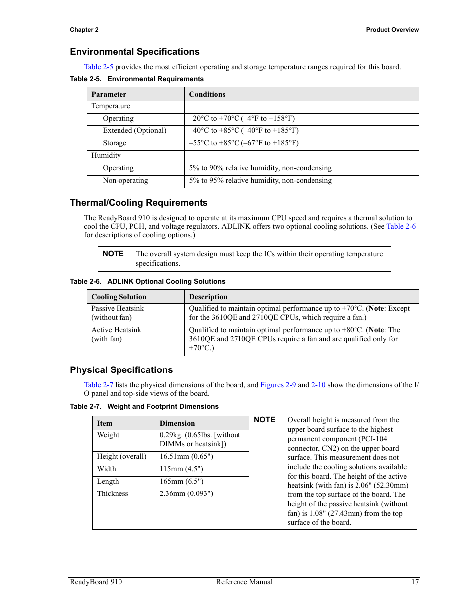 Table 2-5, Environmental requirements, Table 2-6 | Adlink optional cooling solutions, Table 2-7, Weight and footprint dimensions | ADLINK ReadyBoard 910 User Manual | Page 23 / 68