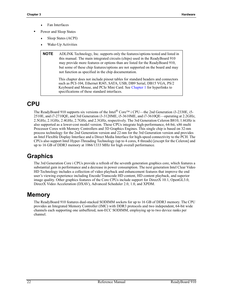 Cpu graphics memory, Graphics | ADLINK ReadyBoard 910 User Manual | Page 28 / 68