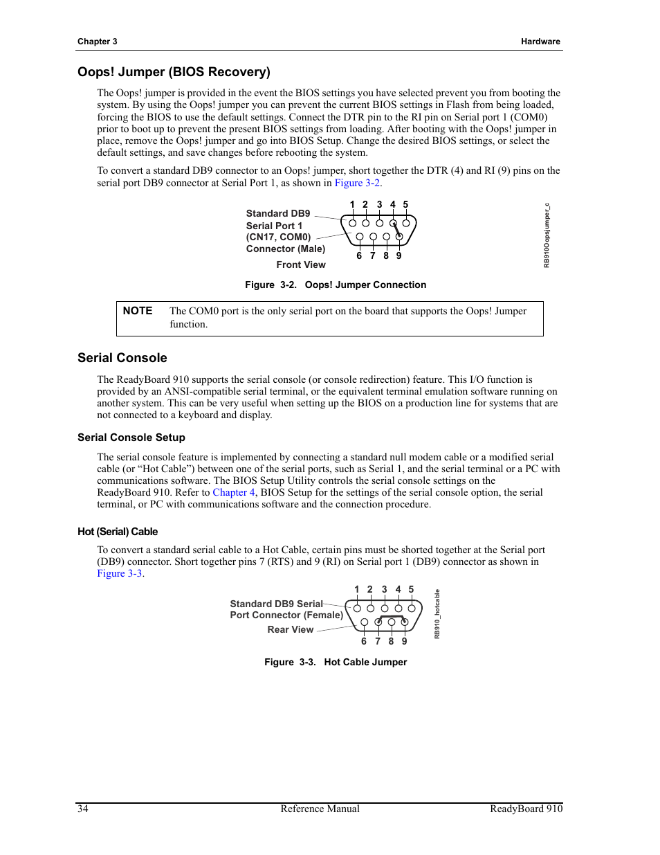 Te to, Oops! jumper (bios recovery), Serial console setup | Figure 3-2, Oops! jumper connection, Figure 3-3, Hot cable jumper, Oops! jumper (bios recovery)” on, Serial console | ADLINK ReadyBoard 910 User Manual | Page 40 / 68