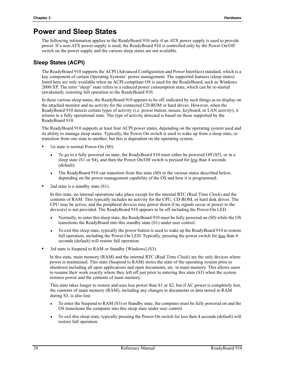 Power and sleep states, Sleep states (acpi) | ADLINK ReadyBoard 910 User Manual | Page 44 / 68