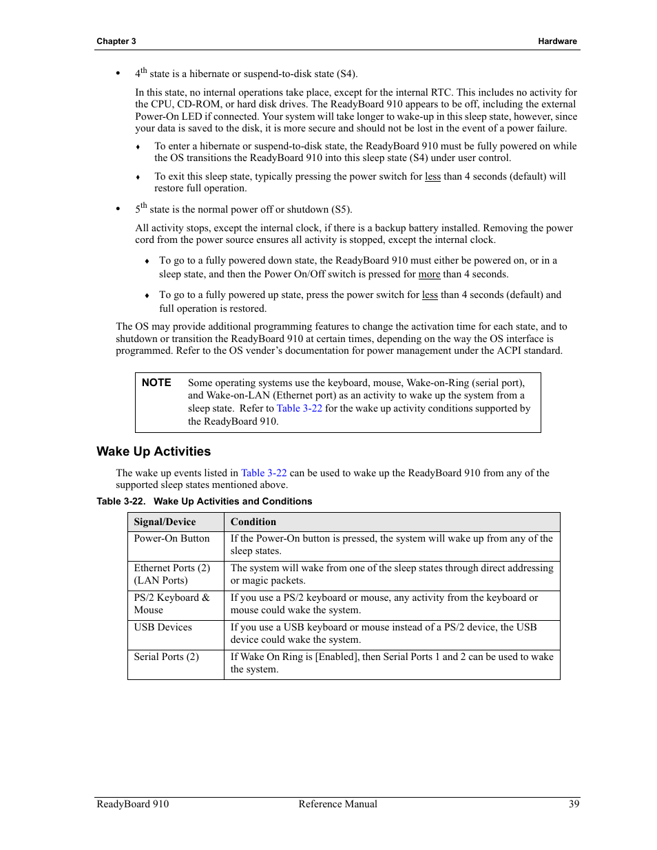 Wake up activities, Table 3-22, Wake up activities and conditions | ADLINK ReadyBoard 910 User Manual | Page 45 / 68
