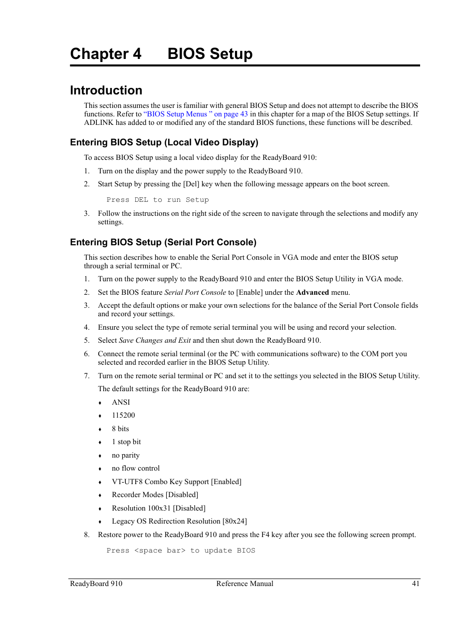 Chapter 4, Bios setup, Introduction | Chapter 4 bios setup | ADLINK ReadyBoard 910 User Manual | Page 47 / 68