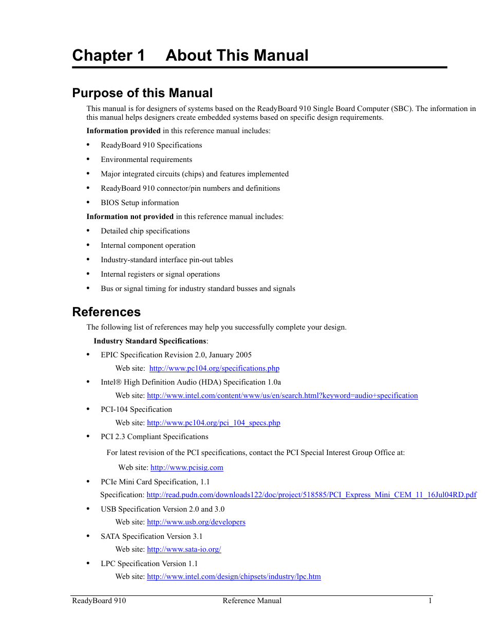 Chapter 1, About this manual, Purpose of this manual references | Chapter 1 about this manual, Purpose of this manual, References | ADLINK ReadyBoard 910 User Manual | Page 7 / 68