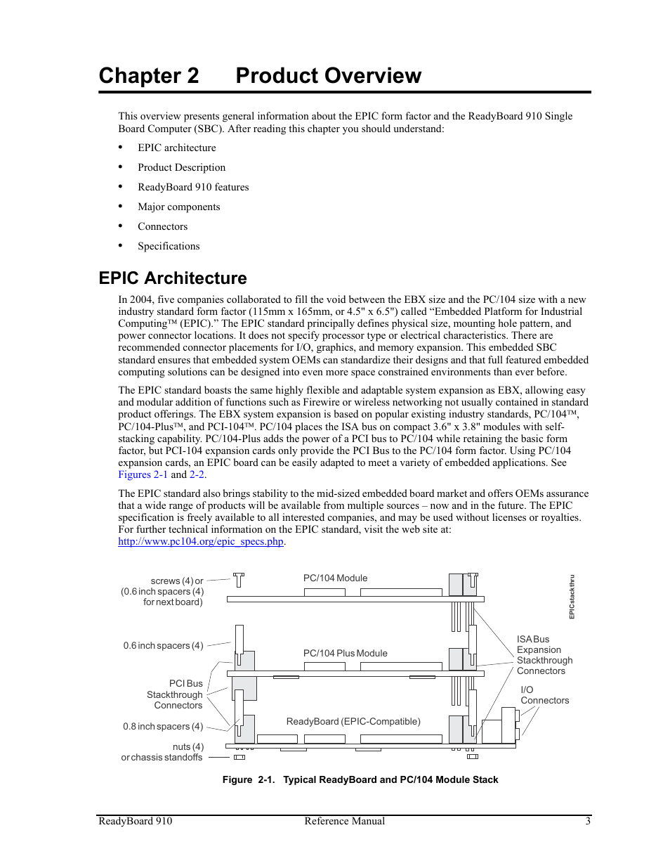 Chapter 2, Product overview, Epic architecture | Figure 2-1, Typical readyboard and pc/104 module stack, Chapter 2 product overview | ADLINK ReadyBoard 910 User Manual | Page 9 / 68
