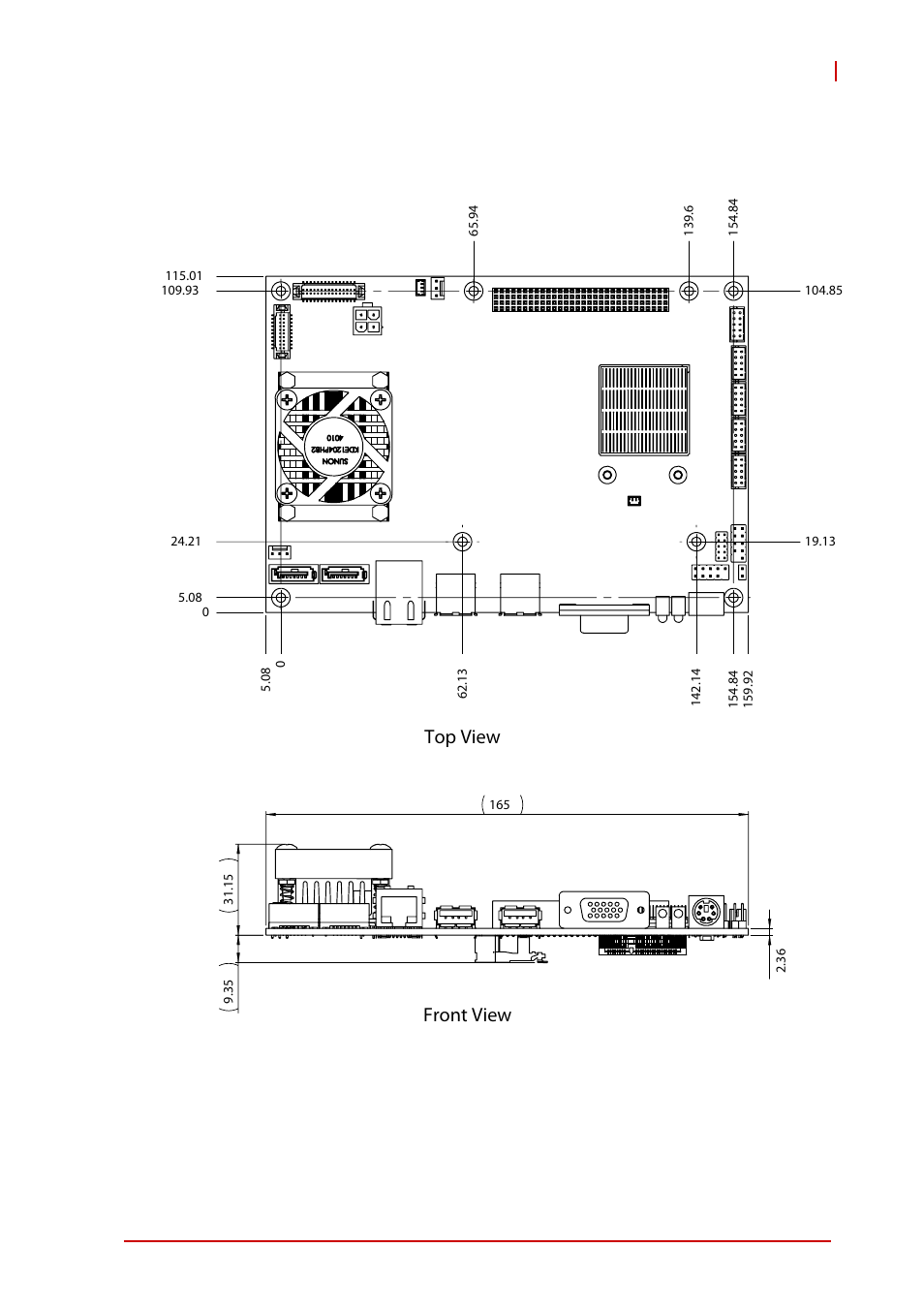 7 mechanical drawing, Mechanical drawing, Figure 1-2: readyboard 740 dimensions | Dimensions in mm, Introduction 7 rb-740, Top view front view | ADLINK ReadyBoard 740 User Manual | Page 19 / 68