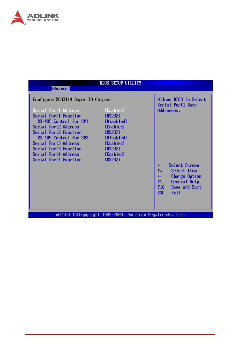 Super io configuration, Serial port1~4 address, Serial port1~4 function | Rs-485 control for sp1~2 | ADLINK ReadyBoard 740 User Manual | Page 40 / 68