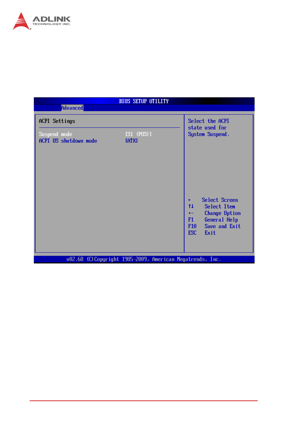 Acpi configuration, Acpi os shutdown mode | ADLINK ReadyBoard 740 User Manual | Page 42 / 68