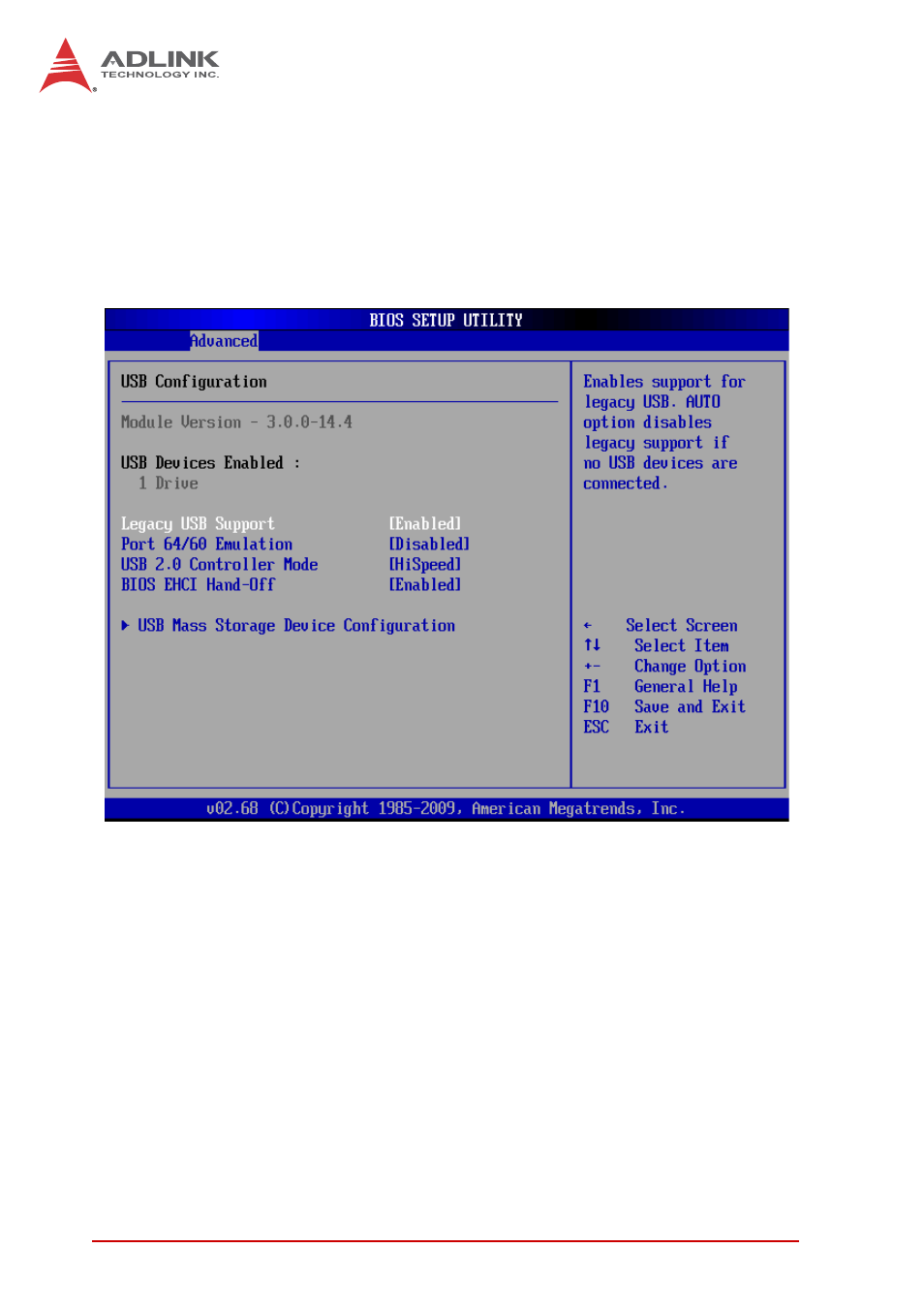 Usb configuration, Legacy usb support | ADLINK ReadyBoard 740 User Manual | Page 44 / 68