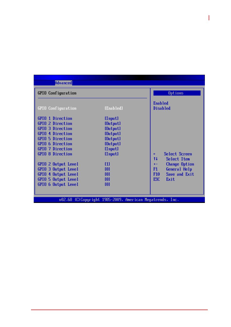 Gpio configuration, Gpio 1~8 direction, Gpio 1~8 output level | ADLINK ReadyBoard 740 User Manual | Page 47 / 68