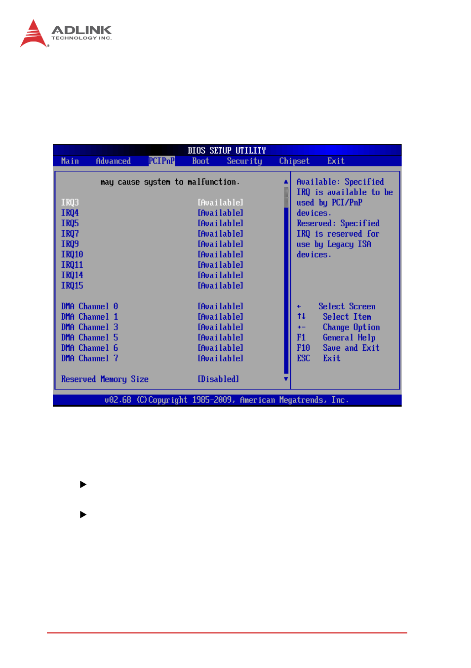 4 advanced pci/pnp settings, Irq/dma channel, Reserved memory size | Advanced pci/pnp settings | ADLINK ReadyBoard 740 User Manual | Page 48 / 68