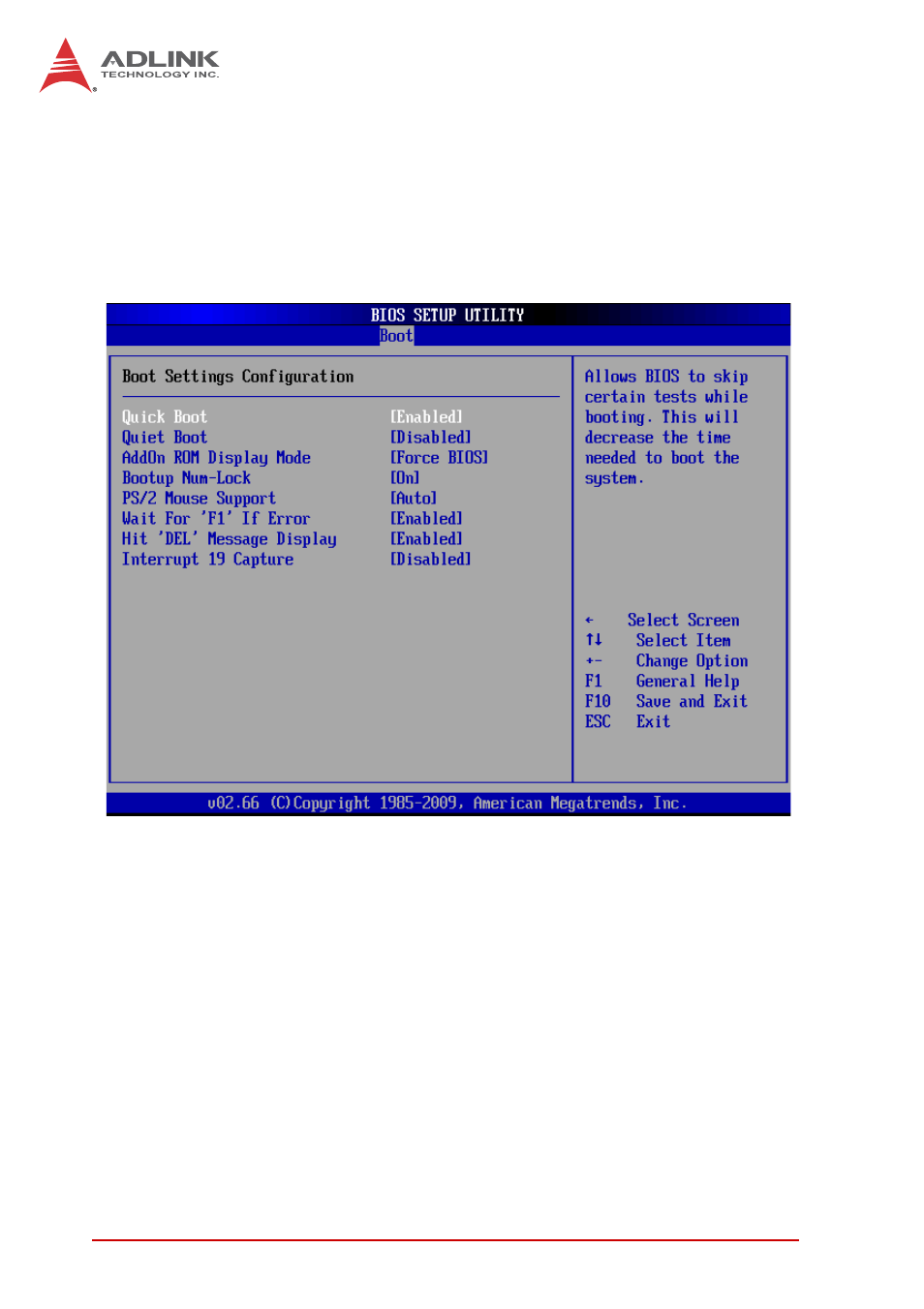 Boot settings configuration, Quick boot, Quiet boot | ADLINK ReadyBoard 740 User Manual | Page 50 / 68