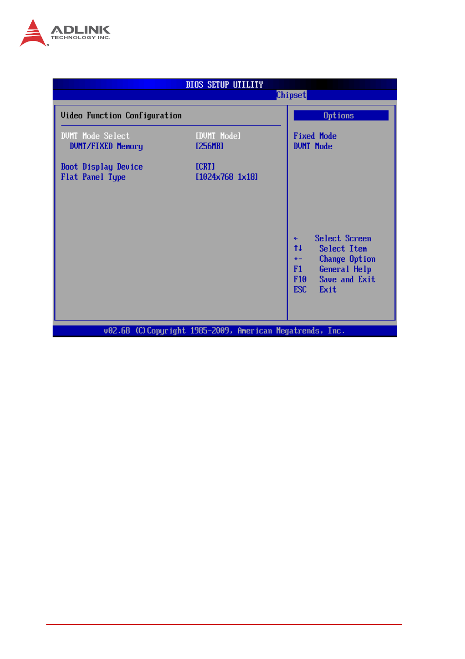 Video function configuration, Dvmt mode select, Dvmt/fixed memory | Boot display device, Flat panel type | ADLINK ReadyBoard 740 User Manual | Page 58 / 68