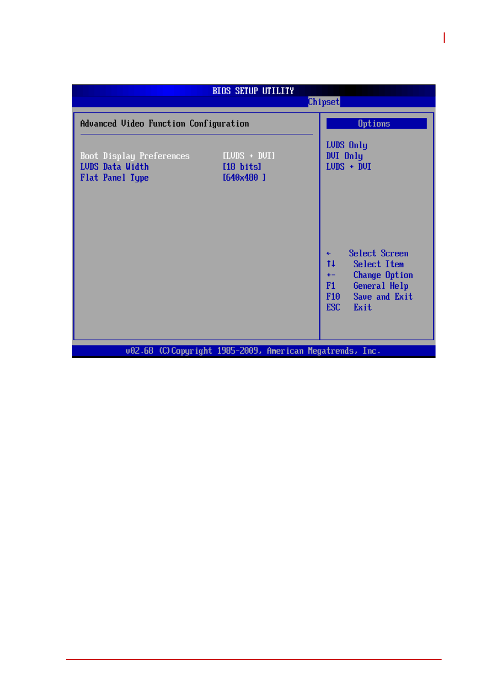 Advanced video function configuration, Boot display preferences, Lvds data width | Flat panel type (dvi settings) | ADLINK ReadyBoard 740 User Manual | Page 59 / 68