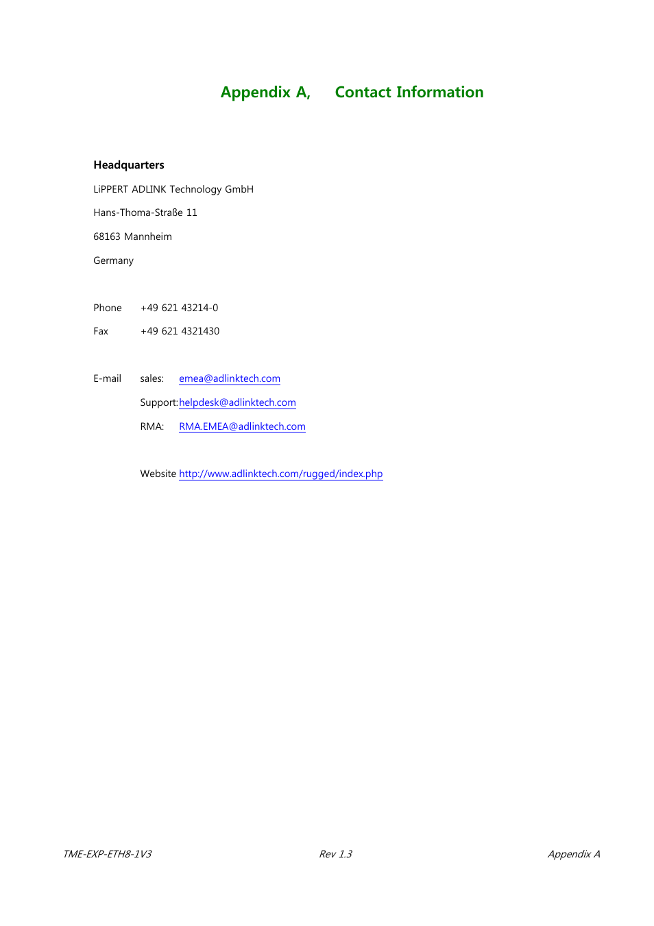 Appendix a, contact information | ADLINK EXP-ETH8 User Manual | Page 22 / 25