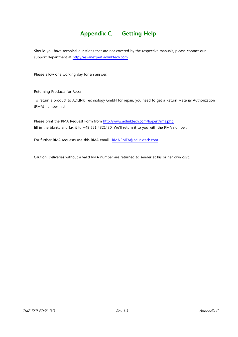 Appendix c, getting help | ADLINK EXP-ETH8 User Manual | Page 24 / 25