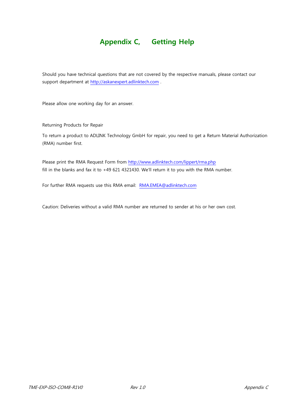 Appendix c, getting help | ADLINK EXP-ISO-COM8 User Manual | Page 32 / 33