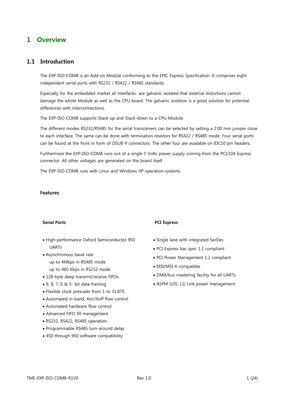 1 overview, 1 introduction | ADLINK EXP-ISO-COM8 User Manual | Page 6 / 33