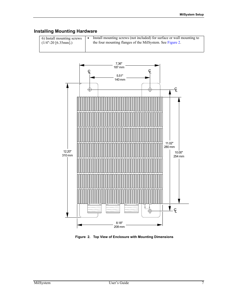 Installing mounting hardware, Figure 2, Top view of enclosure with mounting dimensions | ADLINK MilSystem 735 User Manual | Page 11 / 26