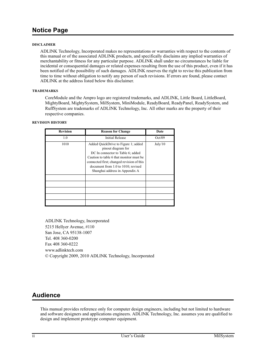 Notice page, Audience | ADLINK MilSystem 735 User Manual | Page 2 / 26