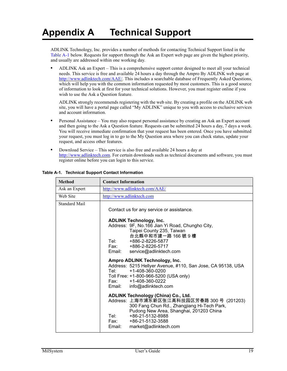 Appendix a, Technical support, Table a-1 | Technical support contact information, Appendix a technical support | ADLINK MilSystem 735 User Manual | Page 23 / 26