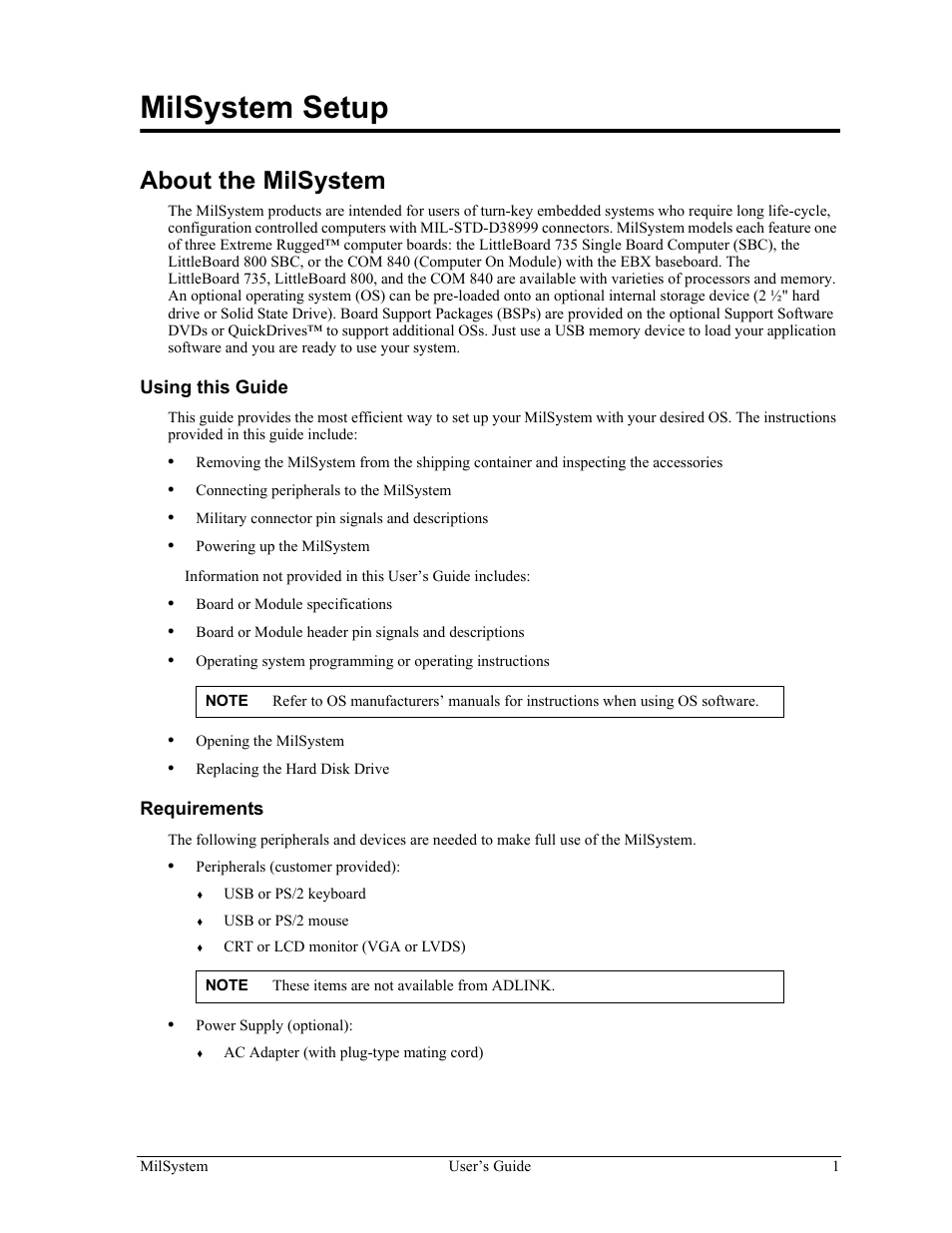 Milsystem setup, About the milsystem, Using this guide requirements | ADLINK MilSystem 735 User Manual | Page 5 / 26