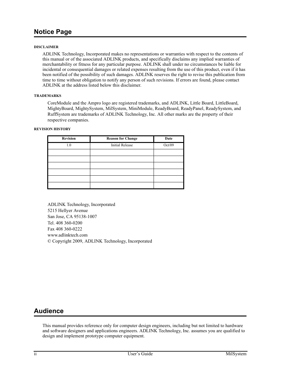 Notice page, Audience | ADLINK MilSystem 800 User Manual | Page 2 / 24