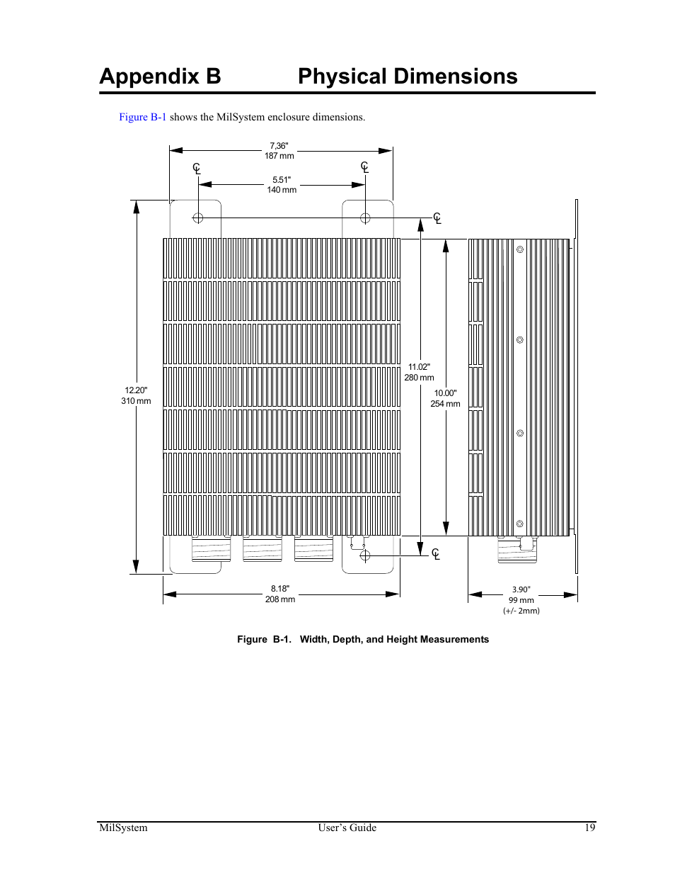 Appendix b, Physical dimensions, Figure b-1 | Width, depth, and height measurements, Appendix b physical dimensions | ADLINK MilSystem 800 User Manual | Page 23 / 24