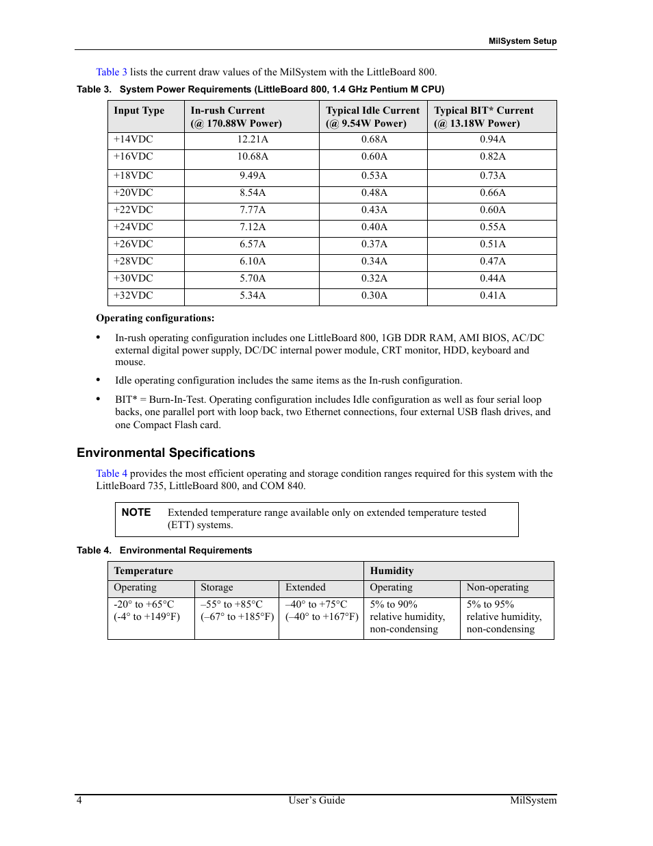 Environmental specifications, Table 3, System power requirements (littleboard 800) | Table 4, Environmental requirements | ADLINK MilSystem 800 User Manual | Page 8 / 24