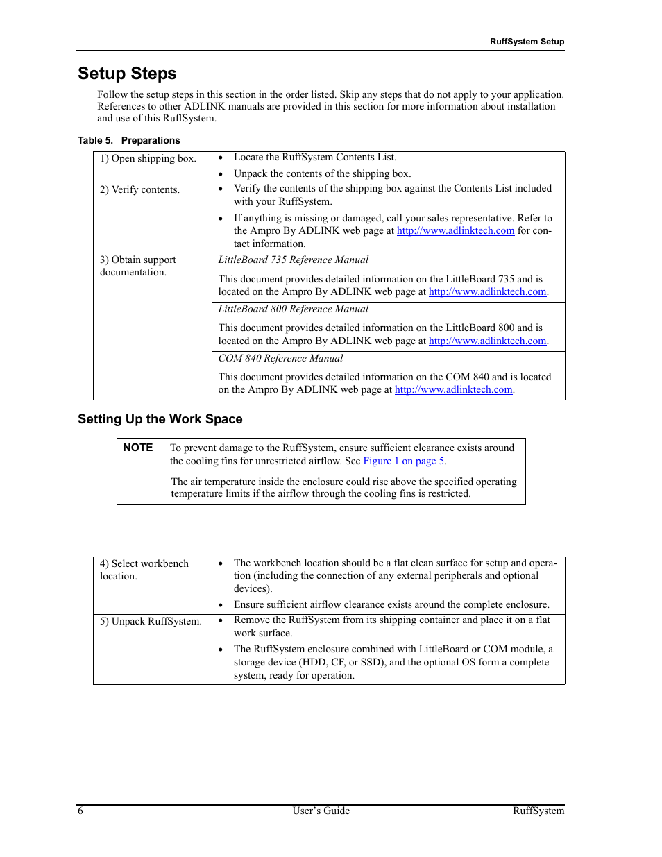 Setup steps, Setting up the work space, Table 5 | Preparations | ADLINK RuffSystem 735 User Manual | Page 10 / 20
