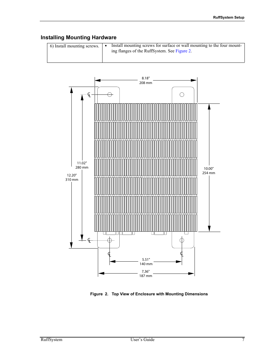 Installing mounting hardware, Figure 2, Top view of enclosure with mounting dimensions | ADLINK RuffSystem 735 User Manual | Page 11 / 20