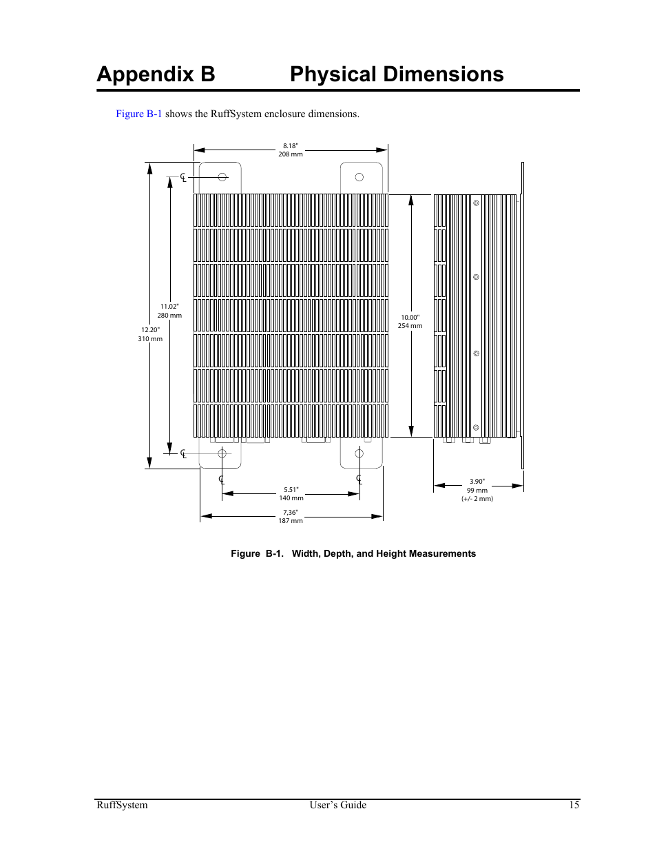 Appendix b, Physical dimensions, Figure b-1 | Width, depth, and height measurements, Appendix b physical dimensions | ADLINK RuffSystem 735 User Manual | Page 19 / 20