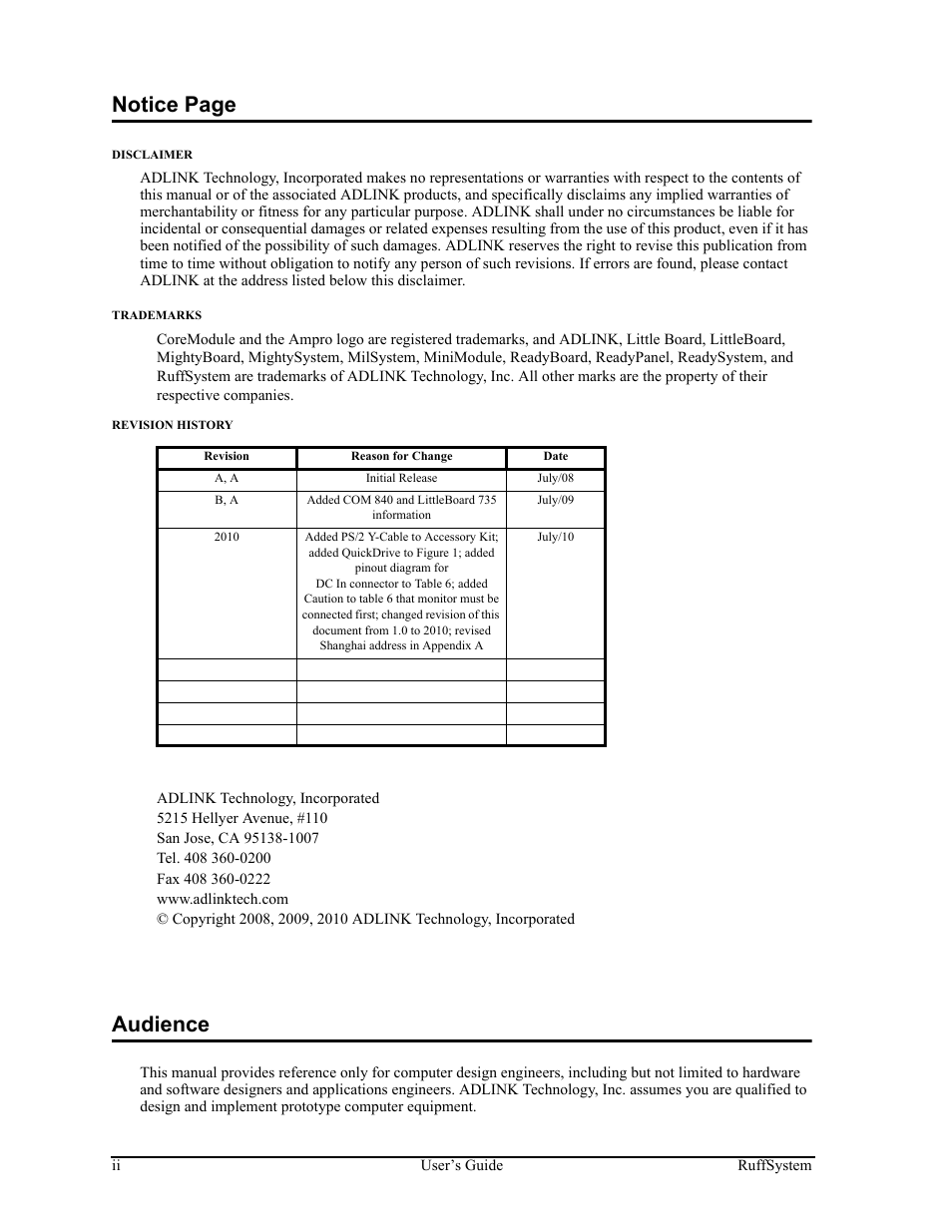 Notice page, Audience | ADLINK RuffSystem 735 User Manual | Page 2 / 20